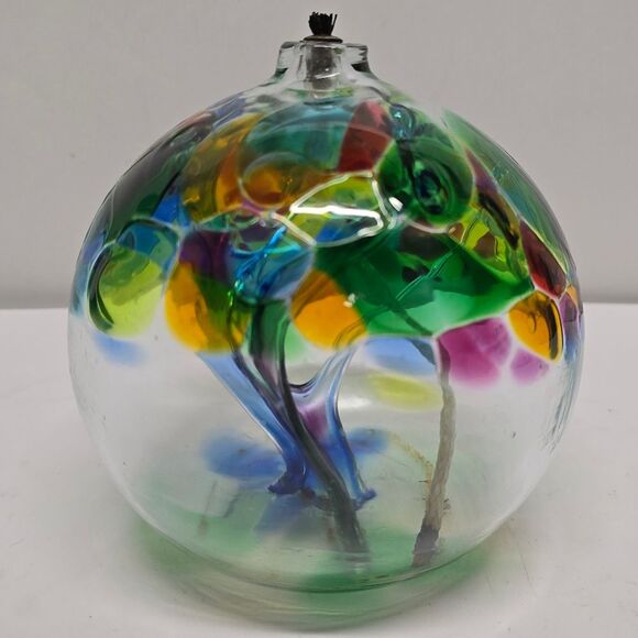 Hand Blown Art Glass Multicolor Ball Oil Lamp Family Tree - Picture 7 of 9